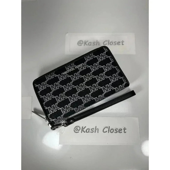 Michael Kors MK Large Flat MF Phone Case Zip Wallet/Wristlet - Black - Picture 1 of 6